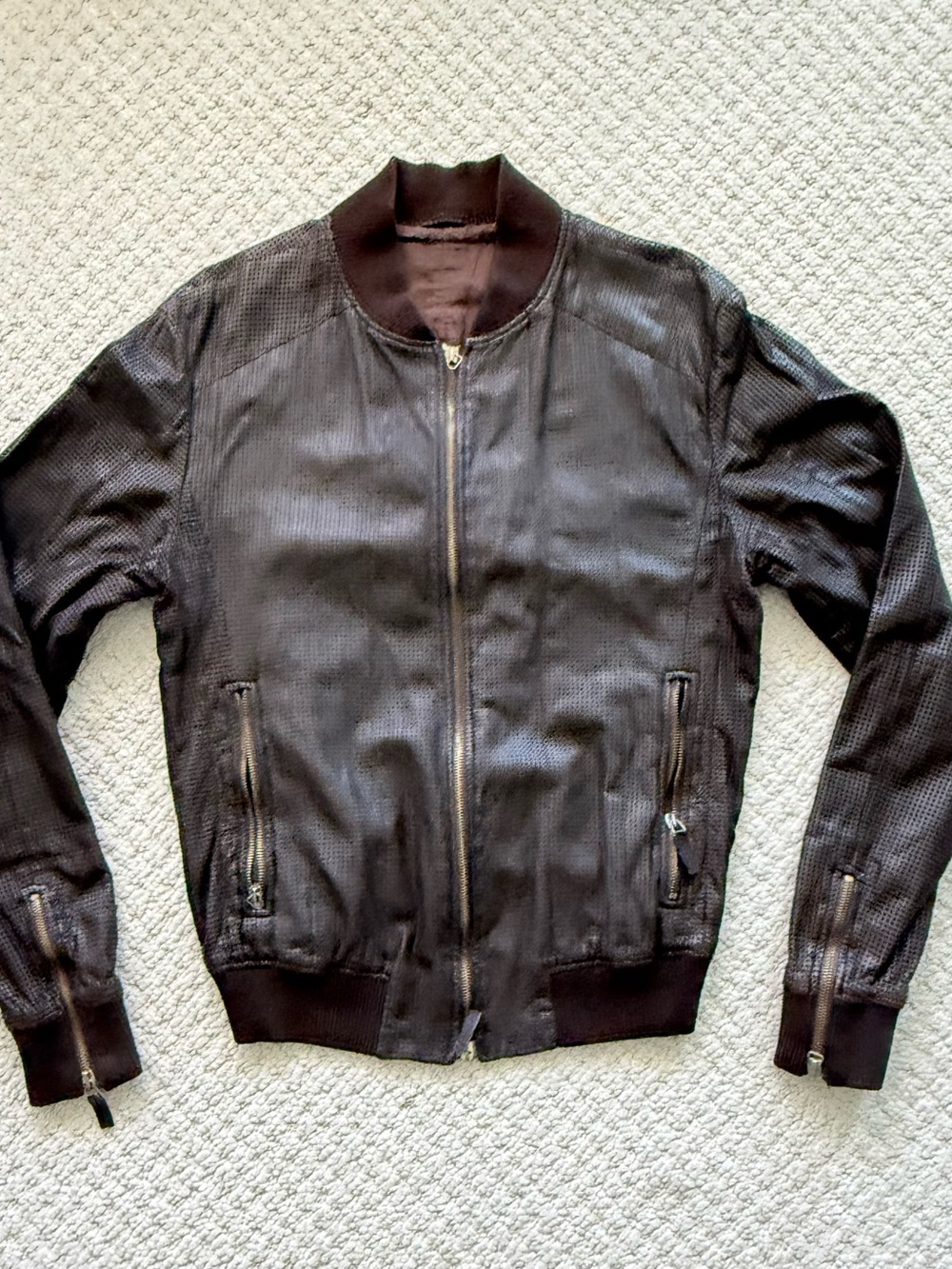 Vintage Emporio Armani Dark Brown Perforated Leather Bomber Jacket